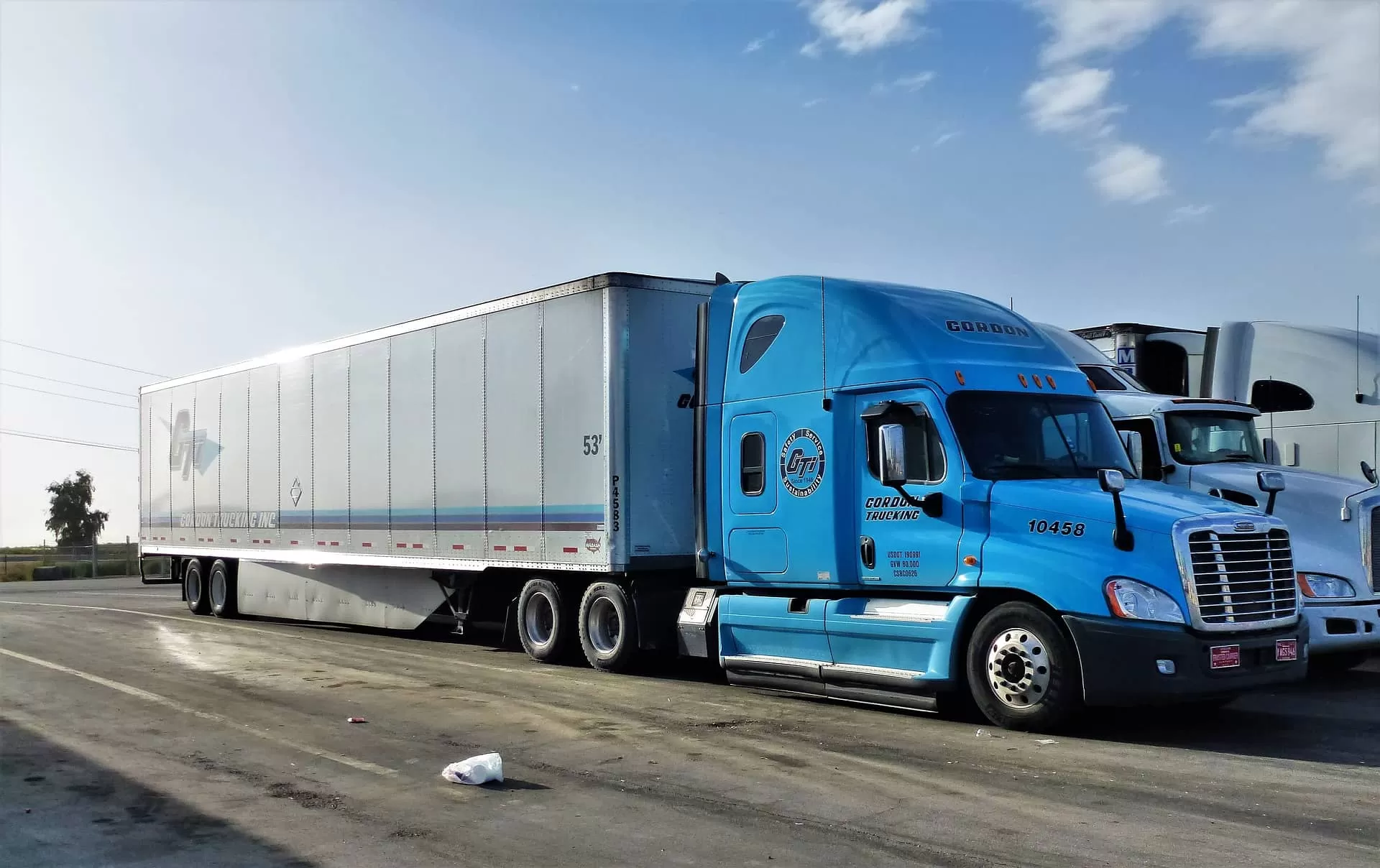 Blue Freightliner truck with trailer on the truck parking