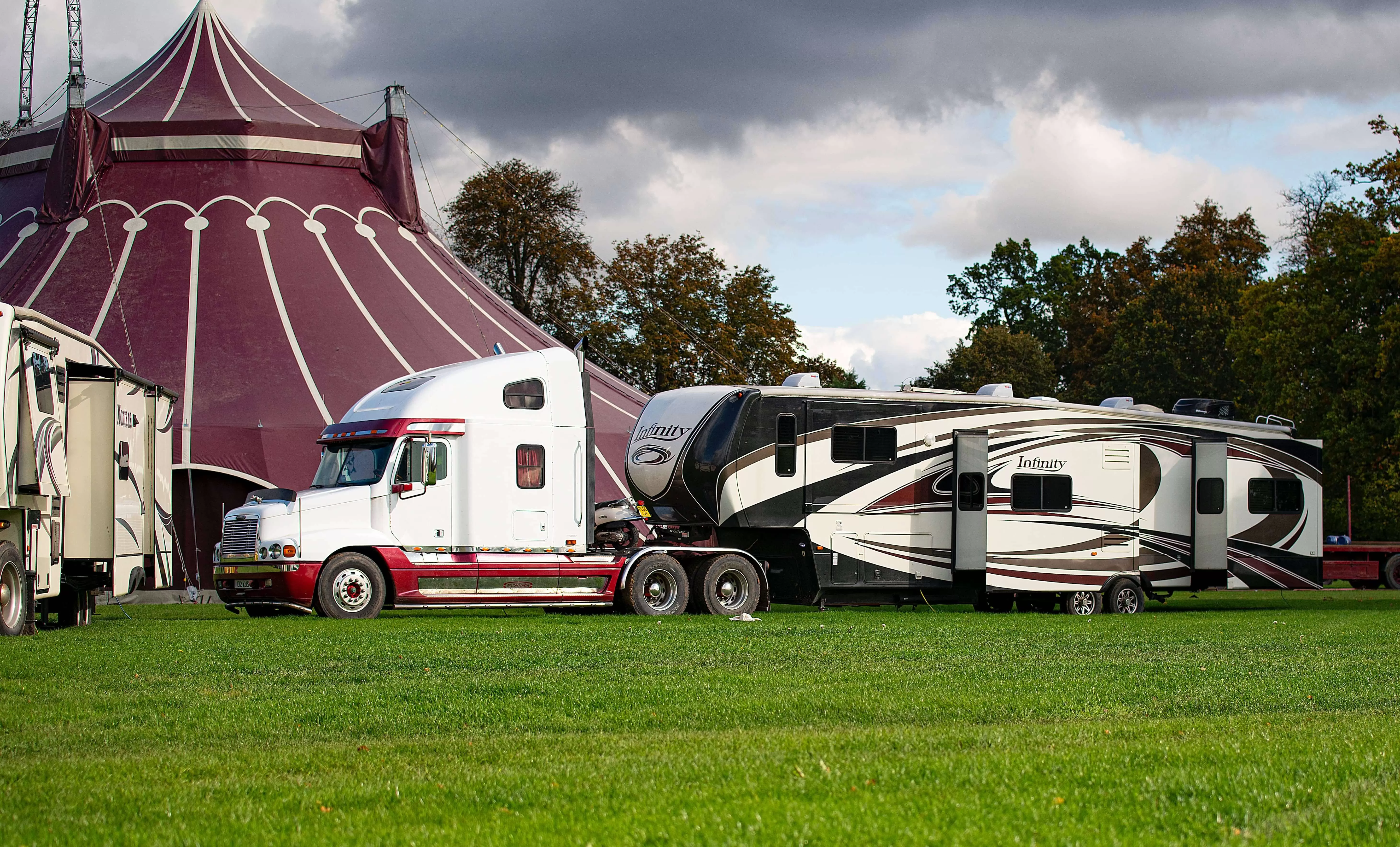 White truck with home trailer