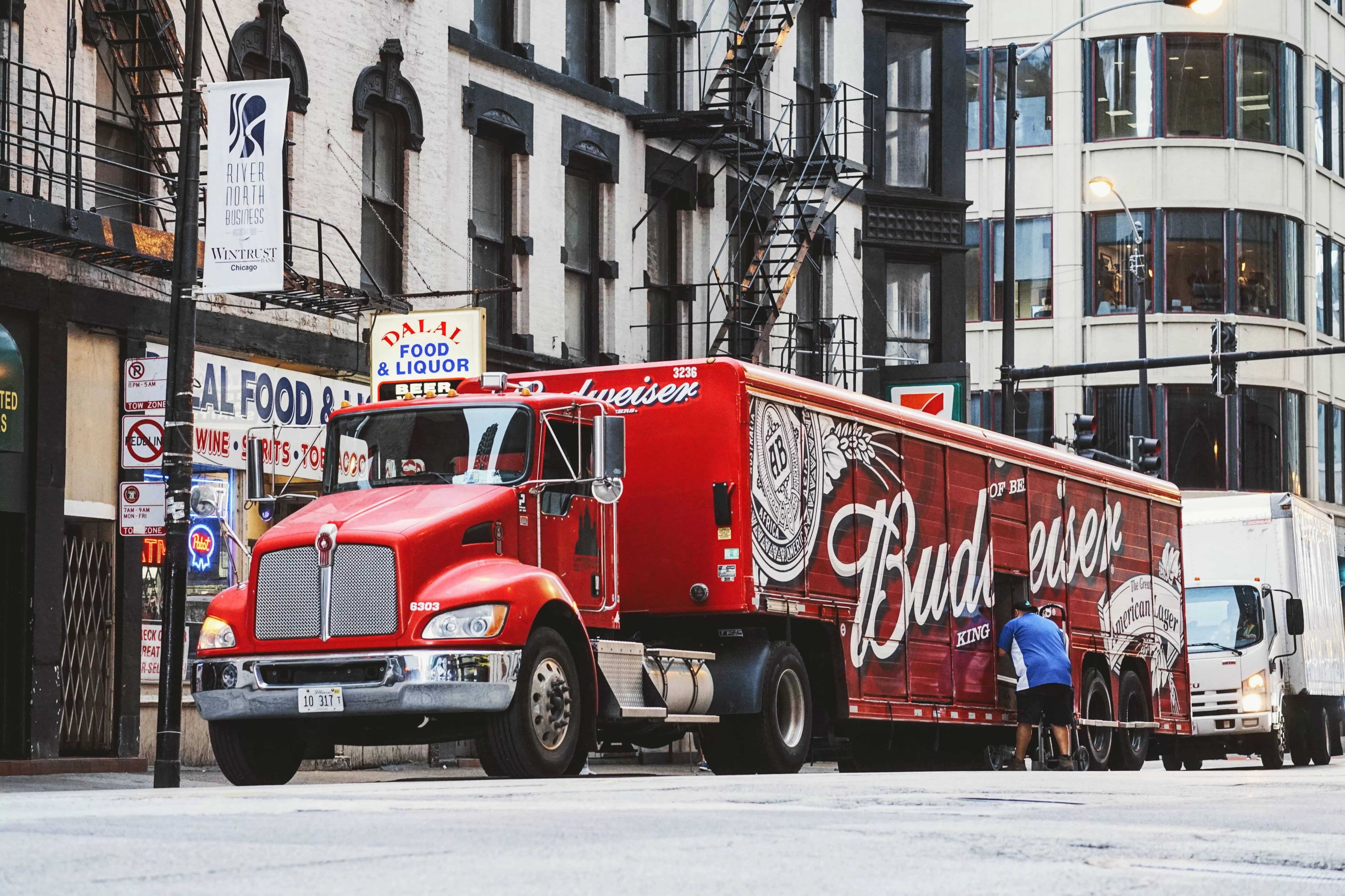 Red truck on the streets on the city