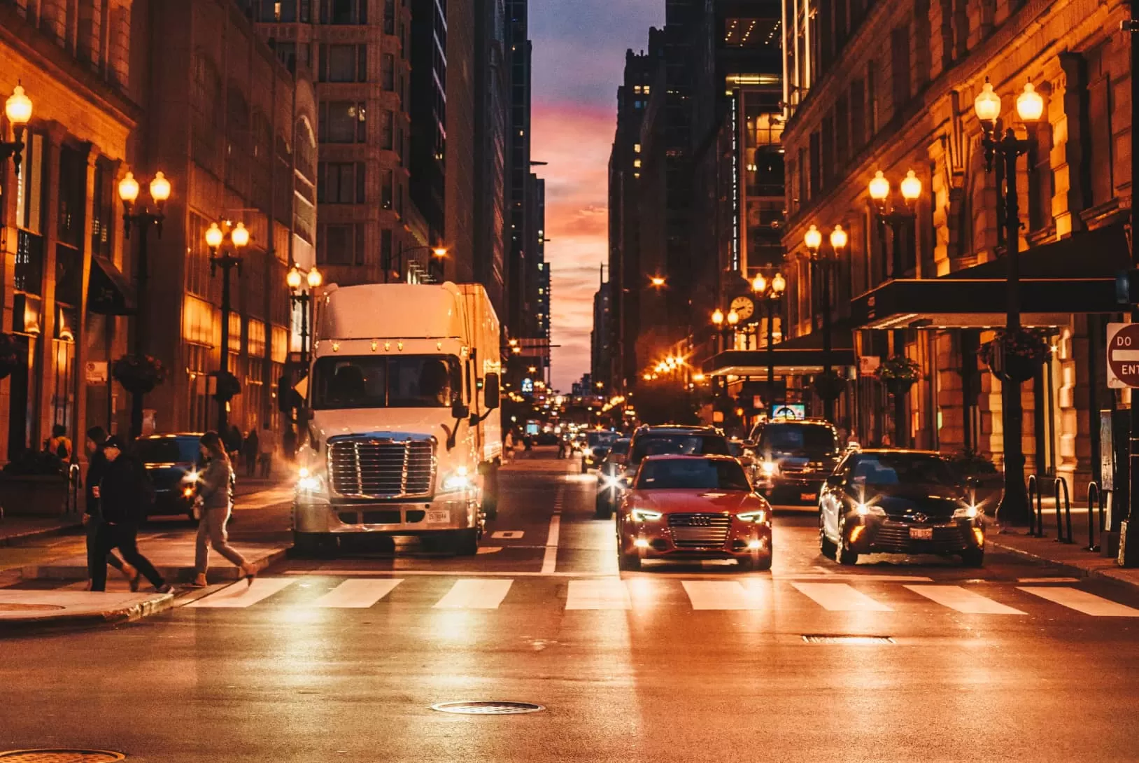 Night photo of trucks and cars in the city