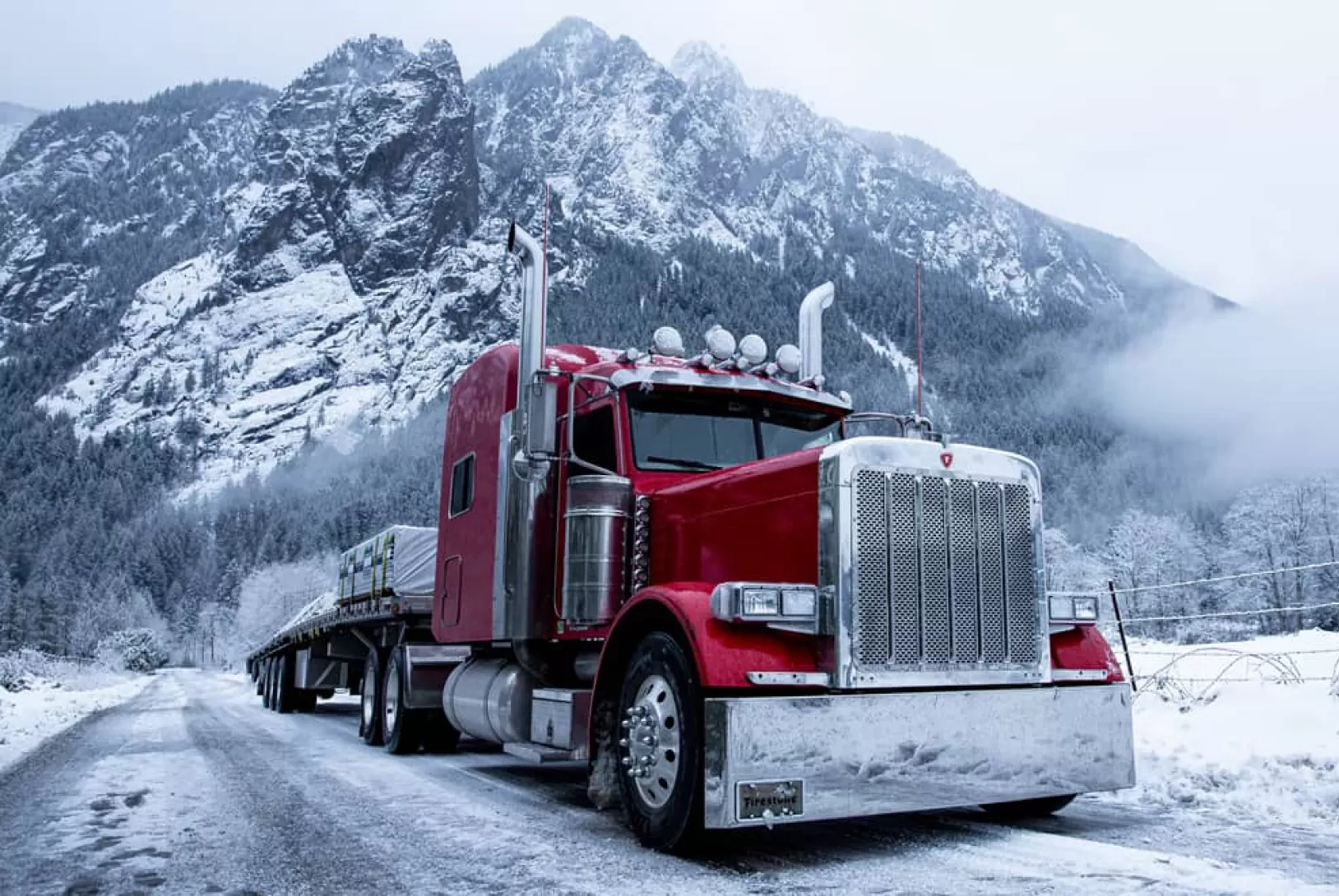 beatuful red truck in snowy whether